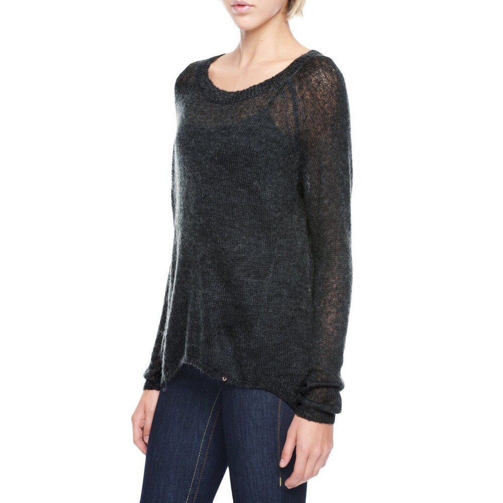 New $168 Womens Mohair True Religion Jeans Sweater Top M Raglan Hi Low Gray Dark